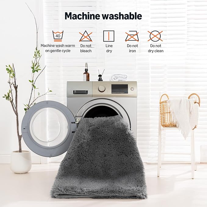 Amazon Basics Fluffy Washable Area Rug, Shaggy Carpet for Living Room, Bedroom, 8' W × 10' L, Gray