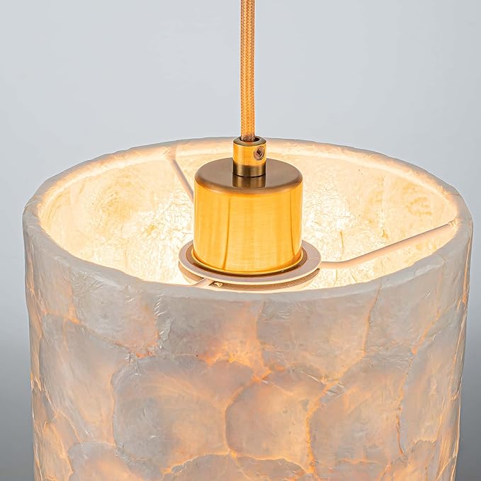 1-Light Capiz Shell Chandelier, Coastal Design, Modern Pendant Light Fixture for Dining Room, Living Room, Kitchen Island, D7 x H18~66"(Adjustable Height), Shell Lampshade & Gold Finish Frame