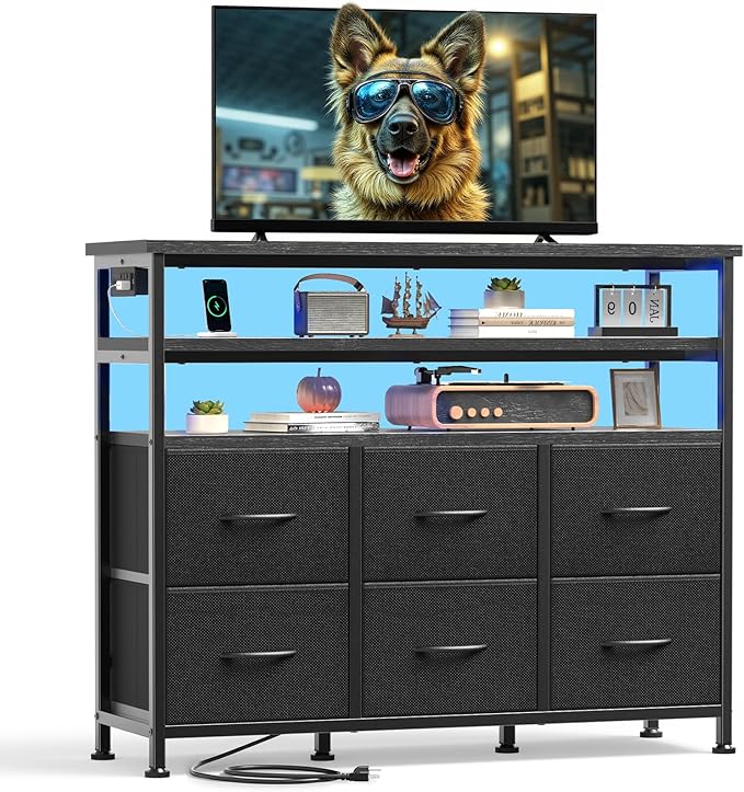 DUMOS TV Stand for Up to 45 inch TV, Wood Top TV Media Console Table with 6 Fabric Drawers, 2 Shelves, Entertainment Center with LED Lights & Charging Station for Living Room, Hallway, Black