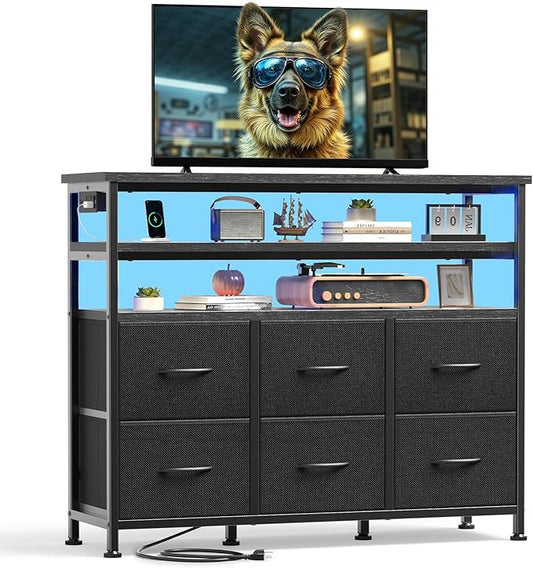 DUMOS TV Stand for Up to 45 inch TV, Wood Top TV Media Console Table with 6 Fabric Drawers, 2 Shelves, Entertainment Center with LED Lights & Charging Station for Living Room, Hallway, Black