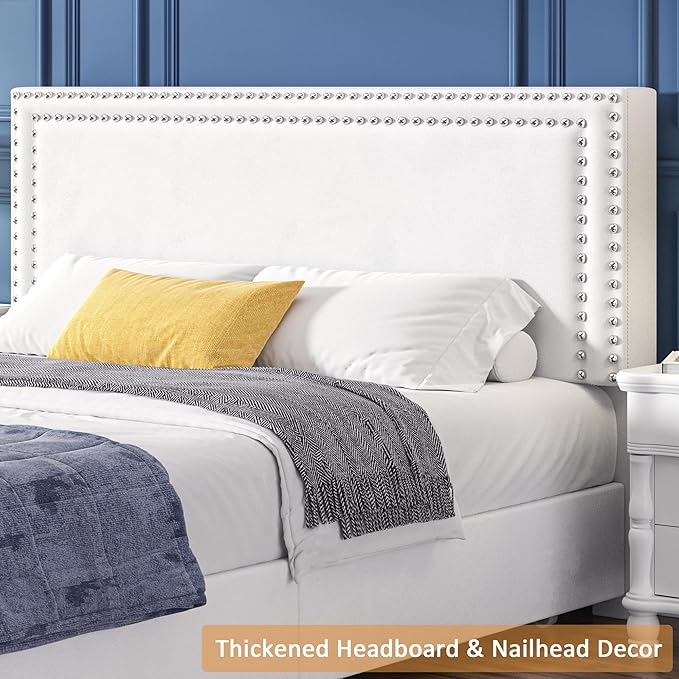 VECELO Full Size Upholstered Platform Bed Frame with 4 Storage Drawers, Adjustable Velvet Rivet Decor Headboard, Wooden Slats Support, No Box Spring Needed, Easy Assembly