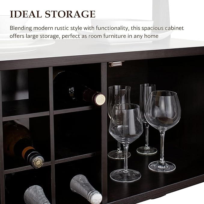 Furniture of America Clyton Modern Kitchen Buffet Storage Cabinet with Doors and Shelves, Wood Sideboard Table, Coffee Bars & 9 Grid Wine Rack, for Dining, Living Room, Dark Espresso