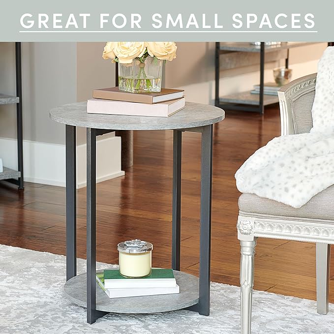 Household Essentials Jamestown Round Side End Table with Storage Shelf Rustic Slate Concrete and Black Metal