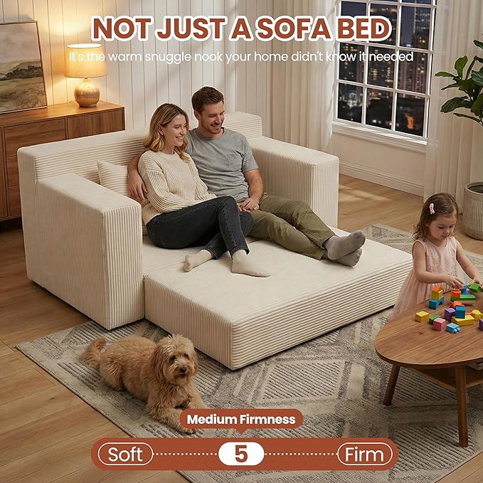 Convertible 5 in 1 Futon Sofa Bed Full Size, Corduroy Boneless Couch Sleeper Sofa with 4 Pillows, Foldable Pull Out Loveseat Floor Mattress for Living Room, Apartment, Small Space & Dorm