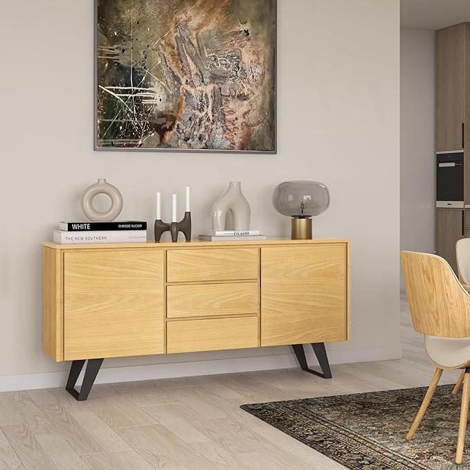 SIMPLIHOME Lowry 60 inch x 17 inch Rectangle Modern Industrial Sideboard Buffet in Oak Veneer for the Dining Room and Kitchen