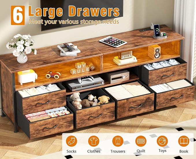 Furologee TV Stand for Bedroom, 63 Inch Entertainment Center for 65 70 Inch TVs, 6 Drawers Dresser with Power Outlets and LED Lights, Media Console for Living Room, Rustic Brown