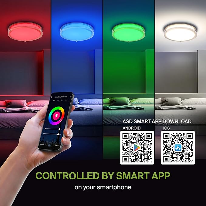 ASD LED 16" Round Flush Mount Lighting, Close to Ceiling Light Fixture | Smart, Multicolor, Dimmable, ETL Listed | 24W 1575LM RGB-2700-6500K 120V | Low Profile Double Ring Lamp | Nickel