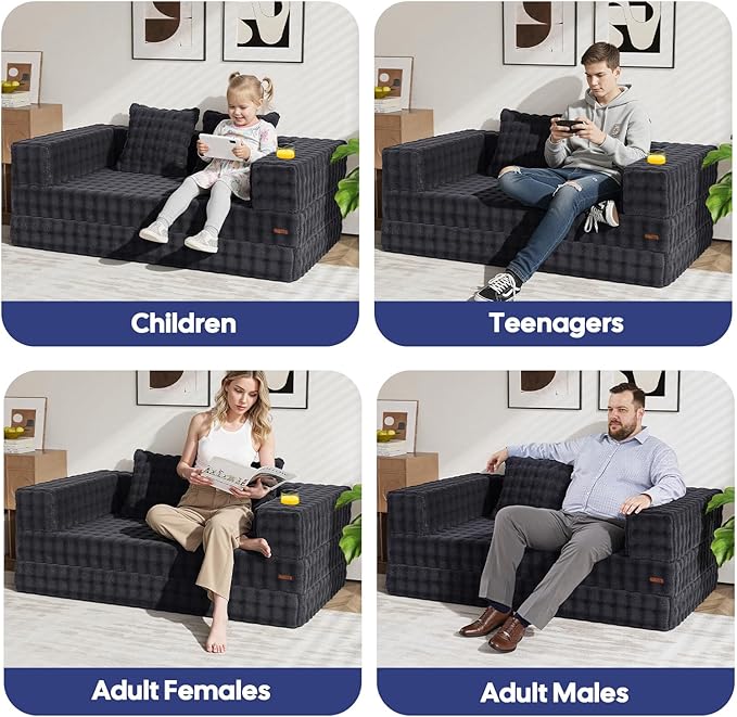 COMAX Futon Sofa Bed, 4‑in‑1 Convertible Sofa Bed, Folding Boneless Couches for Living Room, Fold Out Small Foldable Loveseat Floor Sleeper Comfy Mattress Lounge Space‑Saving, Ash Gray