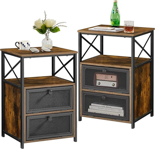 VECELO End Tables Set of 2 with Storage Space,Flip Door Night Stand for Living Room,Bedroom,Small Space,Rustic Brown