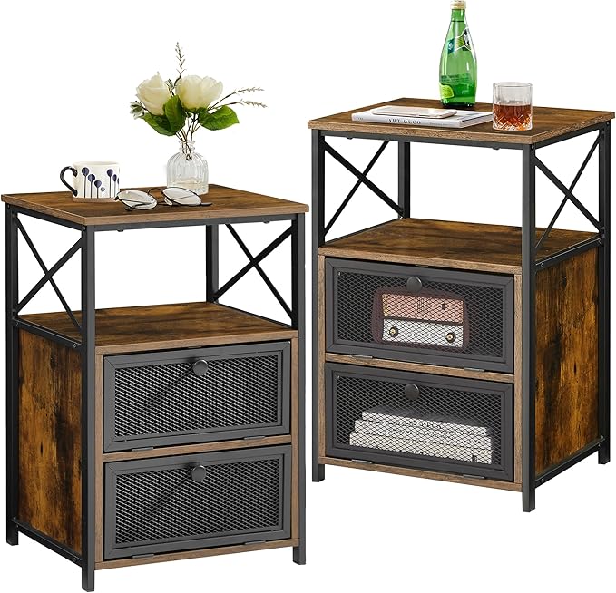 VECELO End Side Table, Modern Night Stand with Storage Space and Door, Set of 2 Nightstands with Flip Drawers for Living Room,Bedroom,Lounge, Rustic Brown