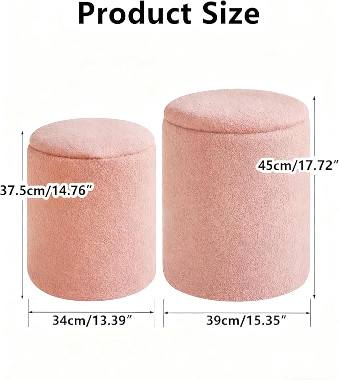 IBUYKE Storage Ottoman Set of 2 Round Ottoman Fleece Vanity Stool with Storage Velvet Footrest Stool End Table Boucle Ottoman for Home Organization Pink UWBD015P