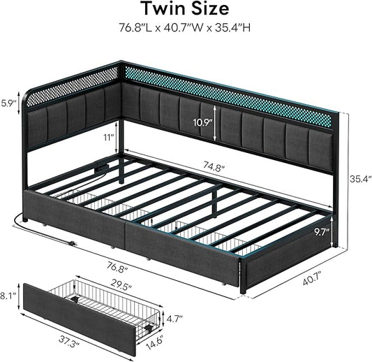 LIKIMIO Twin Corner Bed Frame with Storage Drawers and Charging Station, Modern Twin Daybed with LED Lights and Upholstered Guardrail, Gray