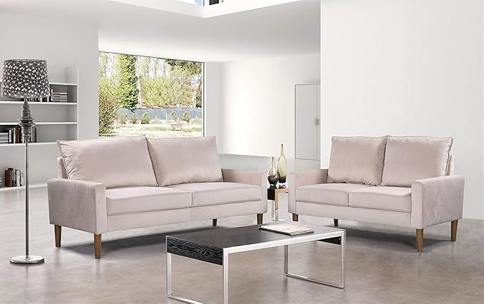 Container Furniture Direct Petit Mid Century Modern Velvet Loveseat for Small Spaces, Upholstered 2 Seater Couch for Living Room and Bedroom, Easy Assembly, White Ivory