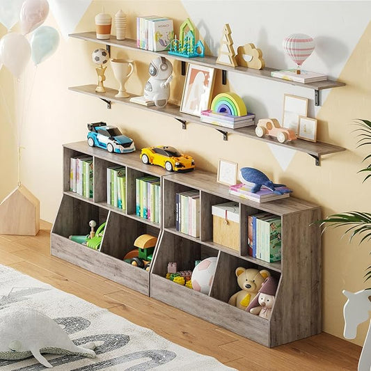 DINZI LVJ Toy Storage Organizer, Kids Bookshelf, Wood Toy Storage Cabinet, 5 Cubby Children Bookcase, 43.3" L Toddler Book Shelf for Playroom, Living Room, Nursery, Hallway, School, Greige