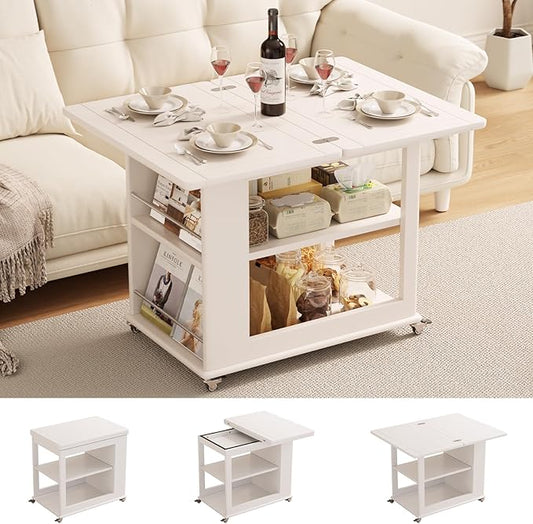 Folding Dining Table with Wheels, Solid Wood Dining Table Stylish 2-Tier Design for 2-4,White Hidden Storage for Living Room,Small Spaces, Dining Room, Kitchen