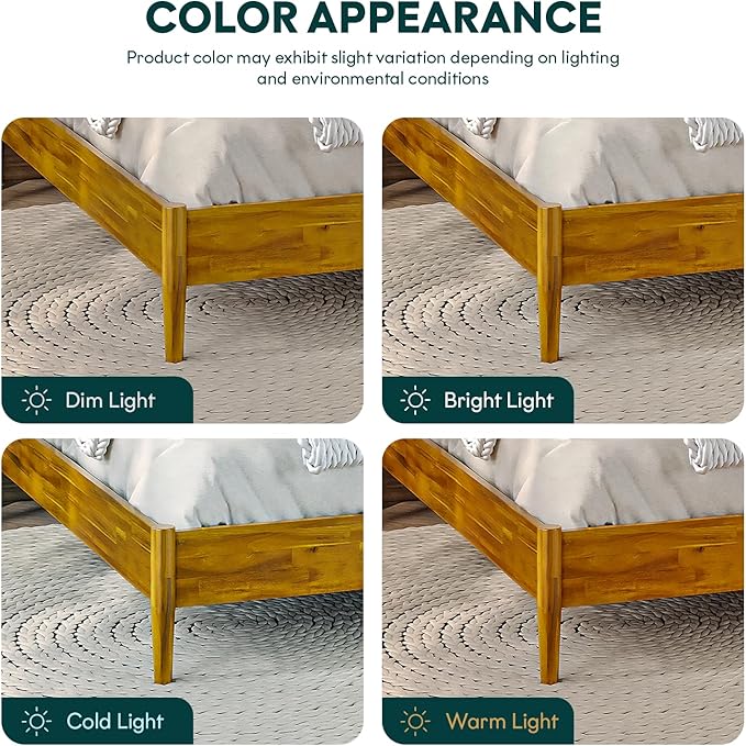 Bme Oliver King Bed Frame and Headboard - 15-Inch Signature Design with Rattan Headboard, Bohemian and Mid Century Style, 12-Slat Wood Support, No Box Spring Needed - Easy Assembly, Caramel