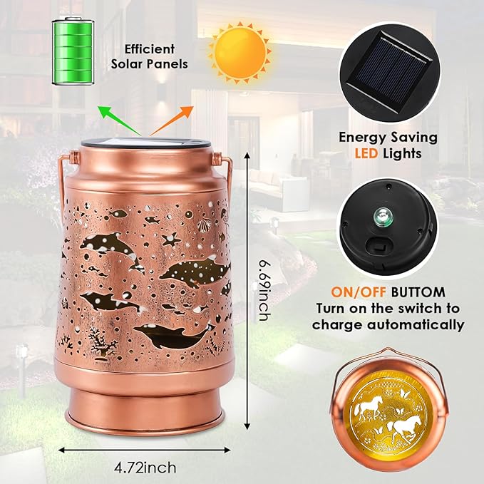 Dolphin Birthday Gifts for Women Mom Grandma, Solar Lanterns Outdoor Waterproof Garden Decor Hanging Lantern Lights, Metal LED Decorative Gardening Light for Patio Yard Lawn