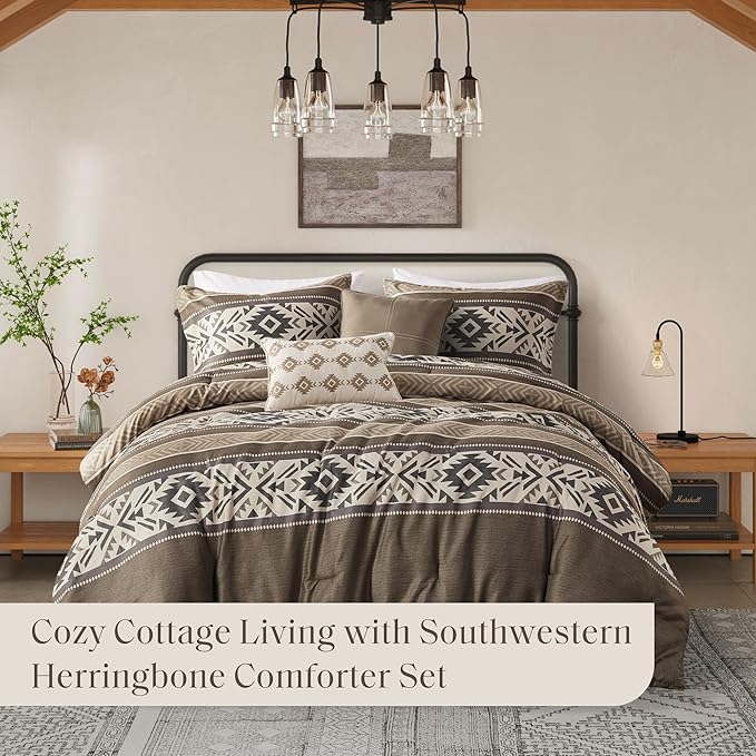 Madison Park King Comforter Set, Stripes Herringbone Southwestern Boho Comforters King Size, All Season Lightweight & Fluffy Microfiber Bed Set, 2 Décor Pillows, Mariposa, King/Cal King Brown 5 Piece