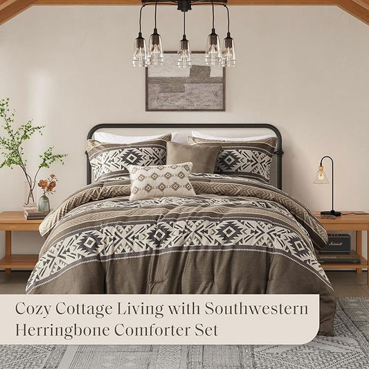 Madison Park King Comforter Set, Stripes Herringbone Southwestern Boho Comforters King Size, All Season Lightweight & Fluffy Microfiber Bed Set, 2 Décor Pillows, Mariposa, King/Cal King Brown 5 Piece