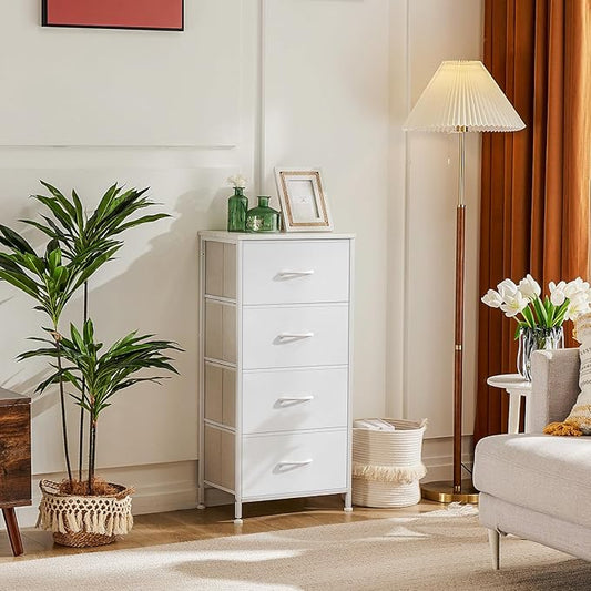Sweetcrispy Dresser for Bedroom, Storage Drawers, Skinny Fabric Storage Tower with 4 Drawers, Tower Organizer Unit, Chest of Drawers with Wooden Top for Closet,Entryway,White