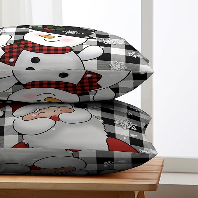 Christmas Santa Lumbar Pillow Covers 12x20 Set of 2 Snowman and Xmas Santa Rectangle Cushion Case Christmas Black Buffalo Plaid Waist Throw Pillowcases for Living Room Bedroom Sofa