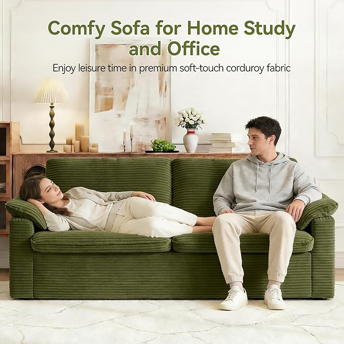 86" Loveseat Sofa Green Corduroy Couch,Modern Cloud Sofa Love Seat, Deep Seat Slipcovered Sofa with 2 Wide Armrest Pillows for Small Spaces Apartment Studio Office Bedroom Living Room