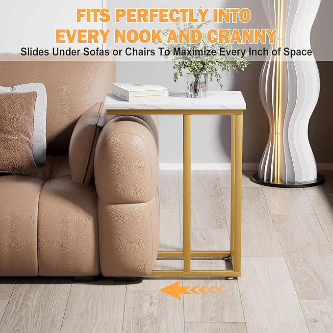 VECELO Universal C-Shaped Side Table, Multi-Functional Snack & TV Tray for Living Room, Bedroom, Gold (1 Set)