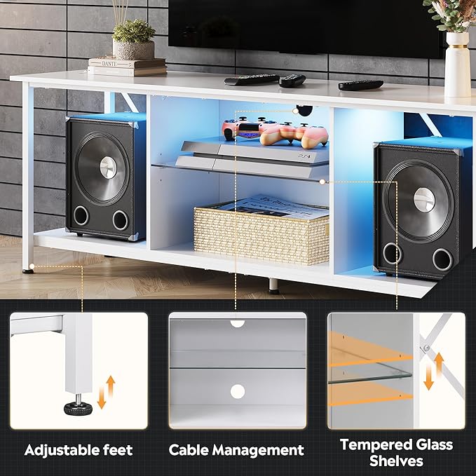 WLIVE Industrial TV Stand with LED Lights for Up to 65" TVs, Waterproof & Scratch-Resistant, Adjustable Shelves, Modern Entertainment Center for Living Room, White