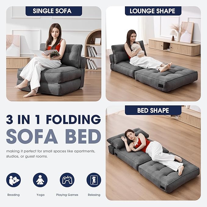 KINGYES Folding Chair Bed, 3 in 1 Convertible Sleeper Chair with Pillow, Foldable Futon Chair for Living Room, Gray