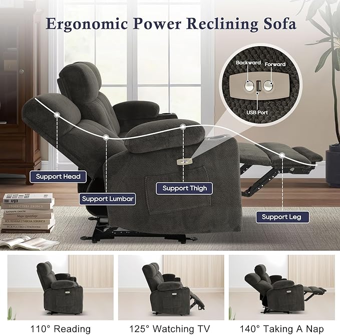 80'' Power Reclining Sofa with Heat and Massage, Electric Reclining Couch with Extended Footrest, Wall Hugger 3-Seater Recliner Sofa with USB Ports, Cup Holders for Living Room