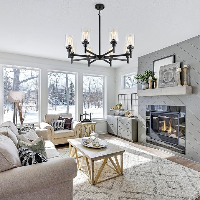 Black Chandeliers for Dining Room Light Fixture, Modern Farmhouse Chandelier, 8 Lights with Clear Glass Shade Industrial Hanging Lighting for Living Room Kitchen Island Bedroom
