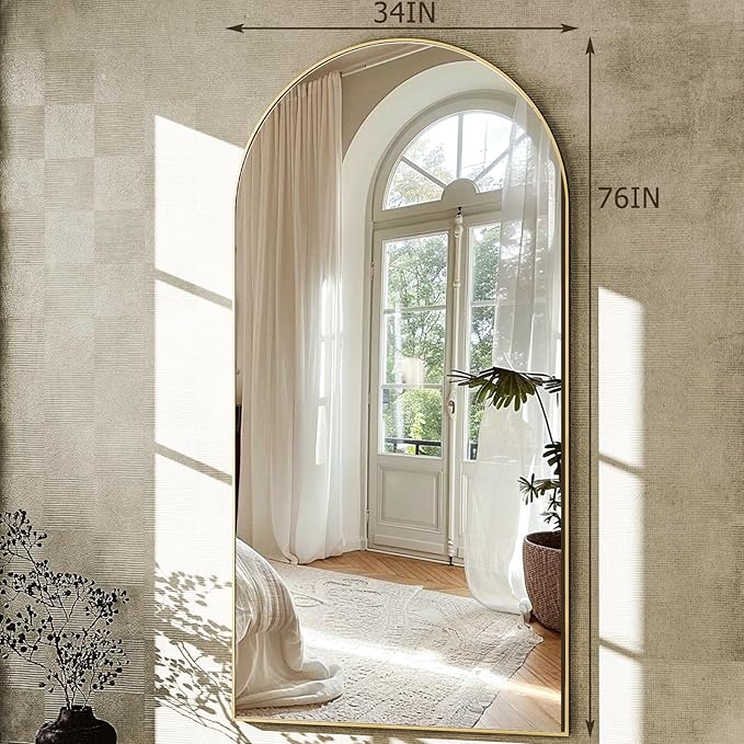GLSLAND-34x76 inch Wall Mount Arched Full Length Mirror-Aluminum Alloy Frame High Definition-Full Body Mirror for Bedroom or Living Room,Gold