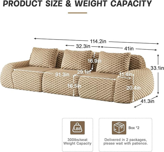 KEIKI 114" Oversized 3-Seater Boneless Couches for Living Room, Flexible Modular Sectional Velvet Sofa, Deep Seat Soft Cushion Lounge Couch No Assembly for Home, Modern Comfort Design, Light Camel