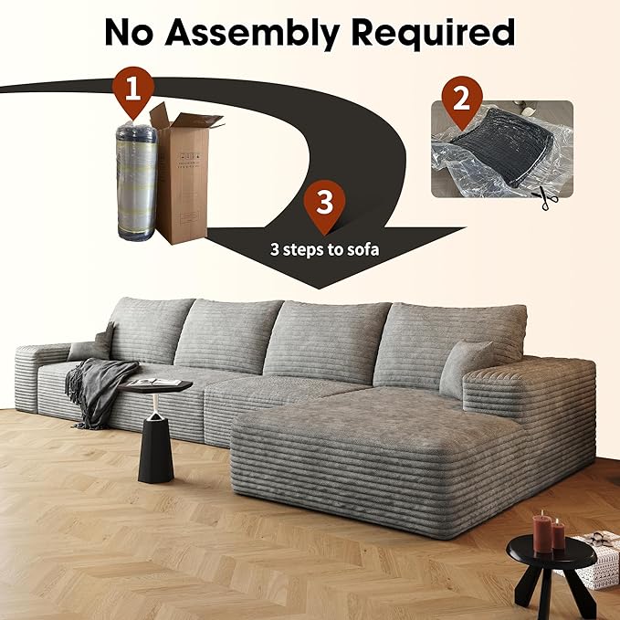 135" Corduroy Couch Sectional with Chaise, L Shape Boneless Cloud Couches for Living Room Bedroom, Fluffy Deep Seat Compression Sofa, Modular Corner Couch No Assembly, Right Facing Chaise, Grey