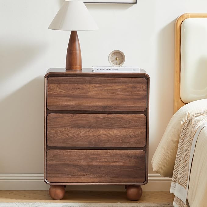 AVZEAR Set of 2 Modern 3 Drawer Dresser for Bedroom, Wooden Dresser Chest of Drawers, Handle Free & Curved Profile Design, Mid Century 3 Drawer Nightstand for Living Room, Walnut