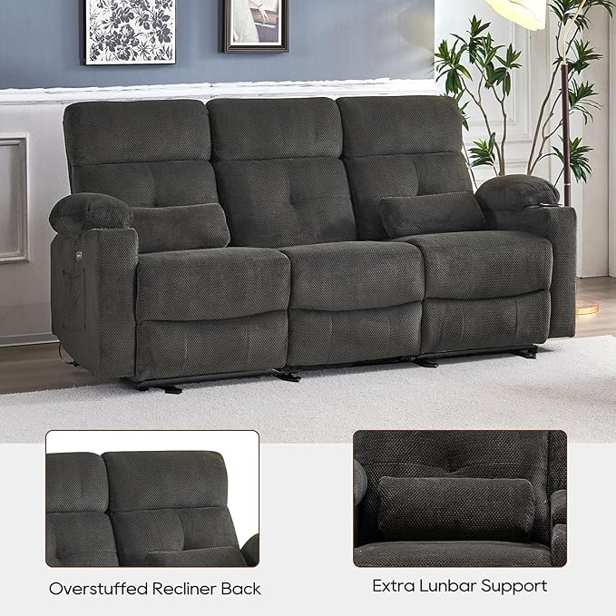 Power Reclining Sofa with Heat and Massage, Electric Reclining Couch with Extended Footrest, Wall Hugger Recliner Sofa 3 Seater with USB&Type-c Ports for Living Room, Bedroom(Grey)
