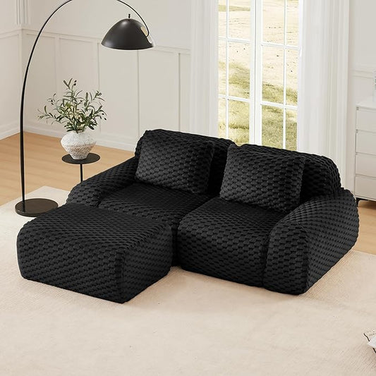 KEIKI 81.9" Loveseat Boneless Couches for Small Living Room, Space Saving Modular Sectional Velvet Sofa with Ottoman, Deep Seat Comfy Chaise Lounge Indoor for Apartment Furniture, Modern Decor, Black