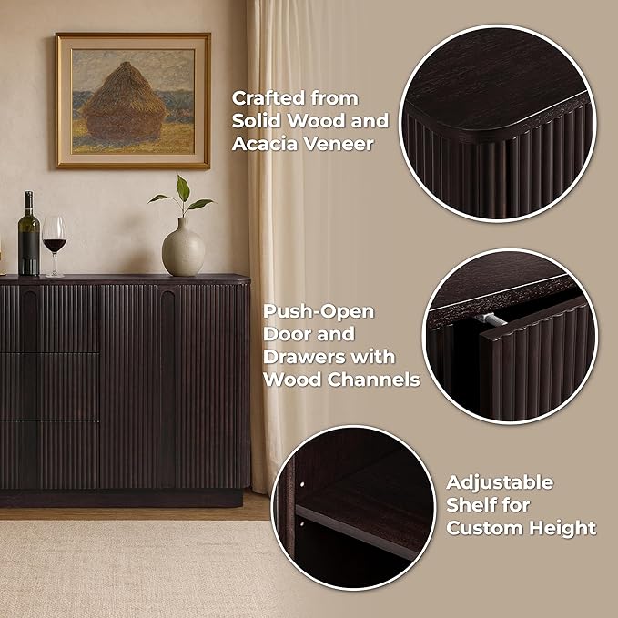 Teamson Home Potomac 42'' W Scandinavian Style Sideboard with 3 Drawer 1 Door and Adjustable Shelf, Solid Wood Frame, Push to Open and Acacia Veneer Living Room Storage Furniture in Espresso