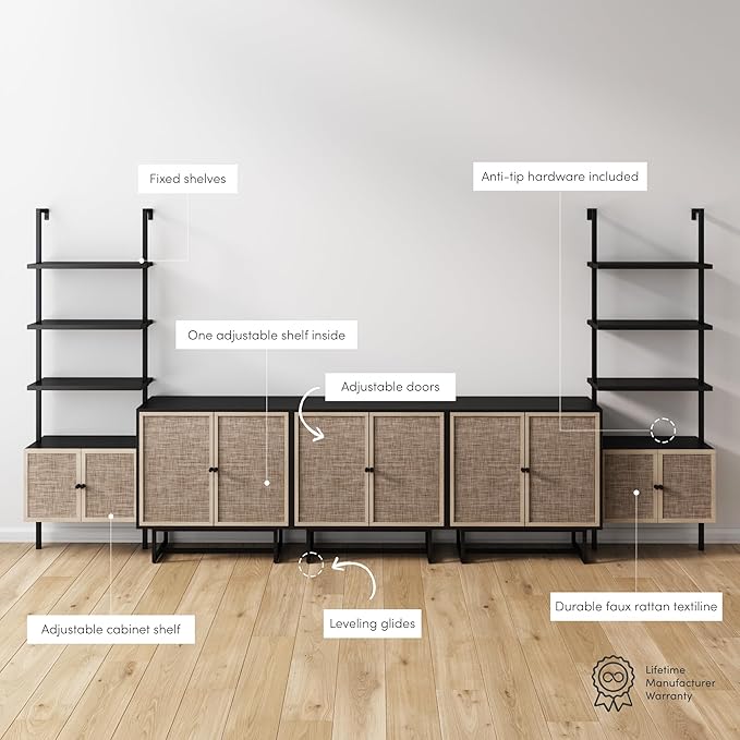 Nathan James Kova Bohemian Entertainment Center Wall Unit with Bookshelves, Bookcase TV Stand with Rattan Door Fronts, Entertainment Wall Unit with Storage, Black Oak/Cane