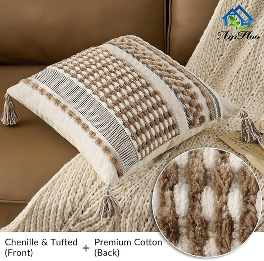 AmHoo Set of 2 Chenille Striped Textured Boho Throw Pillow Covers Aesthetic with Tassels Woven Decorative Pillow Case for Couch Bed Sofa Bedroom Modern Funky 18 x 18-Inch Taos Taupe