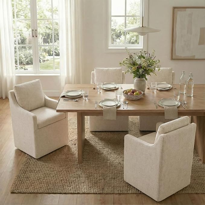 Upholstered Dining Chairs Set of 4, Modern Dining Room Chairs with Casters & Washable Cover, Rolling Accent Chair with Hidden Storage for Kitchen, Farmhouse, Living Room, Linen, 4 Box