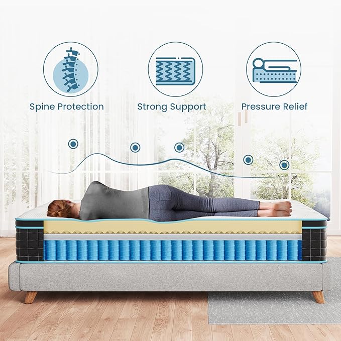 Queen Mattress 12 Inch, Pocket Spring Hybrid Queen Size Mattress in a Box, Memory Foam and Innerspring Mattress for Pressure Relief, Medium Firm Feel, 60 * 80 * 12 inch