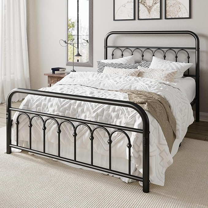 Allewie 14 Inches Full Size Metal Platform Bed Frame with Victorian Style Curved Iron-Art Headboard/Footboard, Metal Slats Support, Easy Assembly, Under Bed Storage, No Box Spring Required, Black