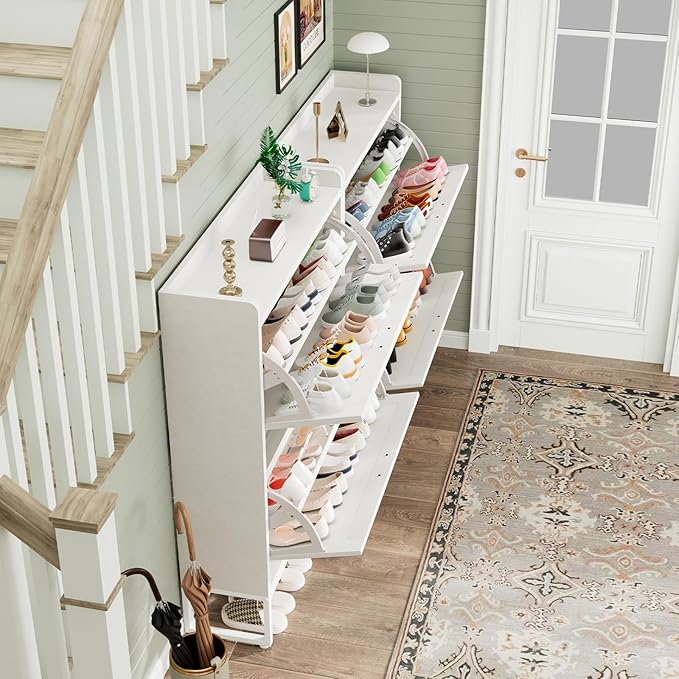 Shoe Cabinet, Shoe Storage Cabinet with 2 Flip Drawers & Adjustable Shelf, Space-Saving Shoe Organizer – Holds 16+ Pairs, Narrow Shoe Cabinet Storage for Entryway/Hallway（White）