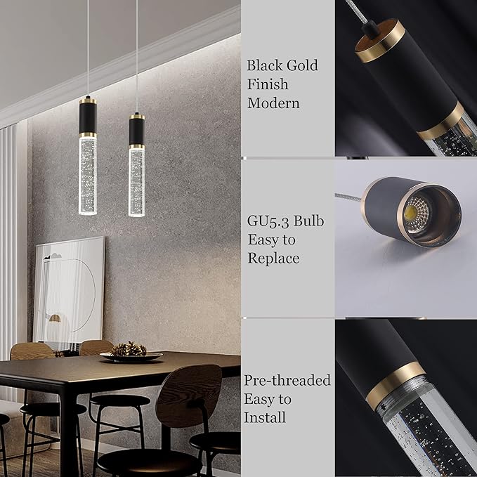 3-Pack Modern Crystal Pendant Light for Kitchen Island, Elegant Black Gold LED Bubble Hanging Chandelier Lighting Fixture for Dining Room Bedside