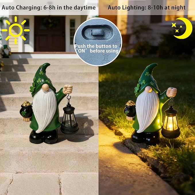 St Patrick's Day Gnome Decorations Outdoor, Solar Leprechaun Decor with Pot of Gold, Resin Figurine with Shamrocks & Solar Light for Garden Patio, Gift Luck and Fortune