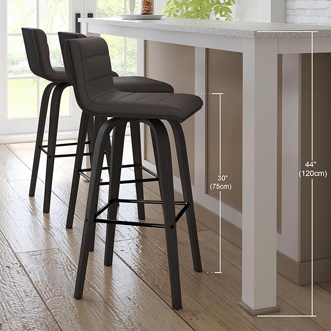 Vienna 30" Swivel Bar Stool in Black Wood Finish with Gray Faux Leather - Set of 4