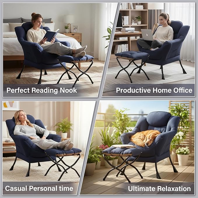 Cozy Lazy Chair and Ottoman, Large Navy Contemporary Accent Chair Set, Modern Leisure Upholstered Reading Armchair for Bedroom, Living Room, Dorm Rooms, Office, Balcony