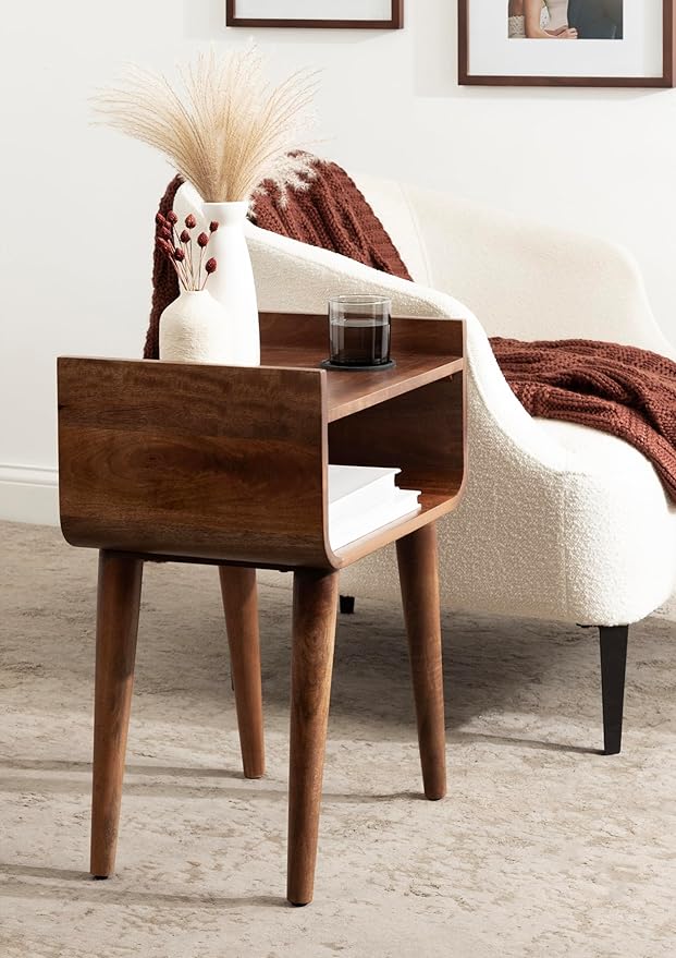 Kate and Laurel Quilby Mid-Century Living Room Side Table with Storage, 18 x 14 x 27, Walnut Brown, Wooden Bedroom Nightstand with Tapered Legs and Bedside Table Storage