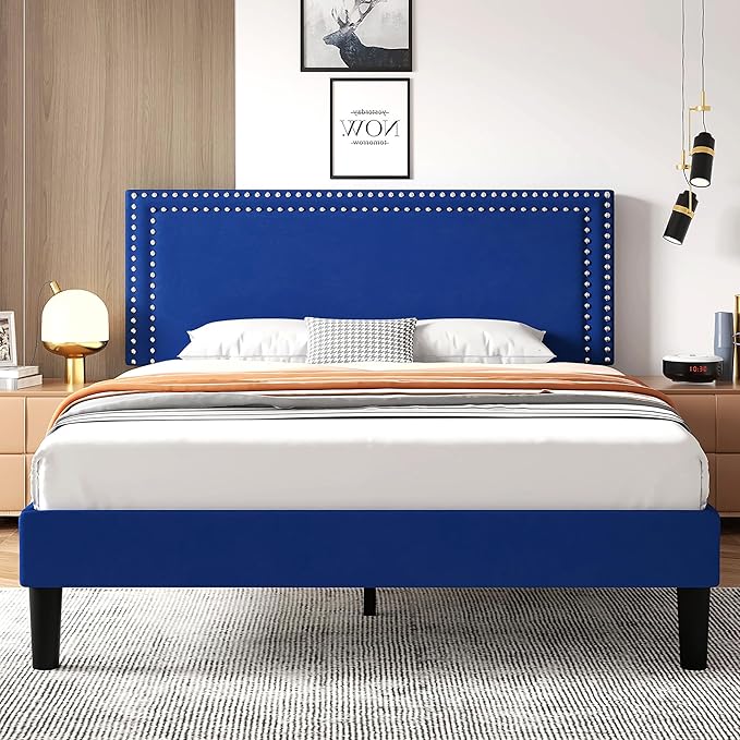 VECELO Full Size Bed Frame with Adjustable Upholstered Headboard, Wooden Slats Platform, Noise-Free Design, Easy Assembly